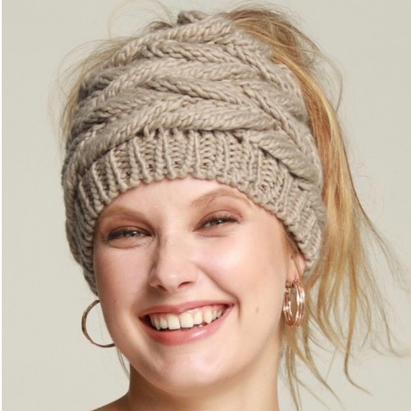 Soft Knit Messy Bun / Ponytail Beanie Taupe - Picture 1 of 4